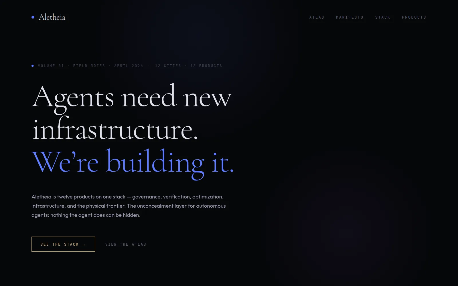 Screenshot of the Aletheia page: Agents need new infrastructure. We're building it.