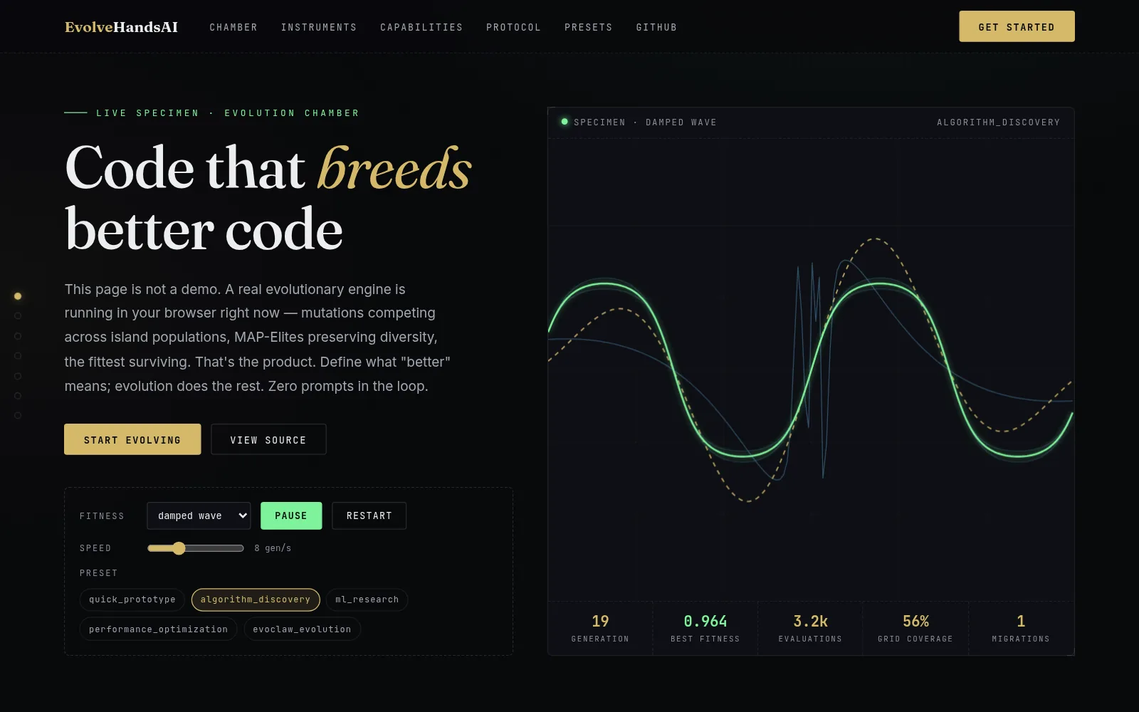 Screenshot of the EvolveHandsAI page: Code that breeds better code, with the live evolution chamber.
