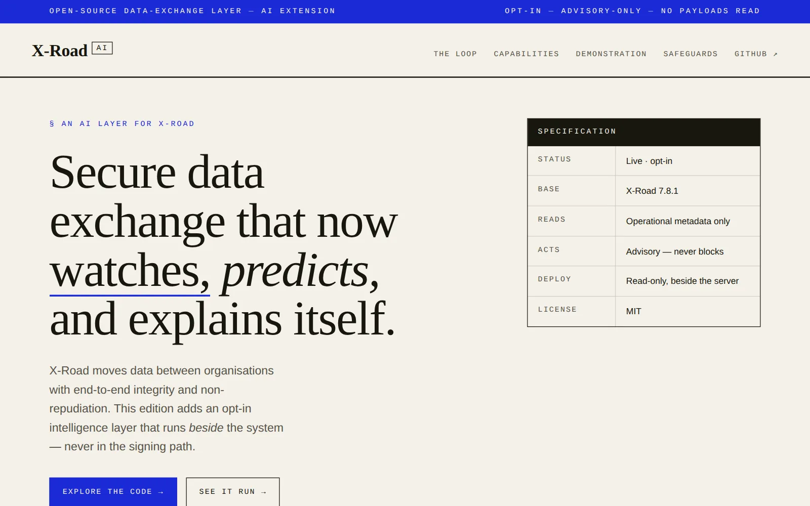 Screenshot of the X-Road AI page: Secure data exchange that now watches, predicts, and explains itself.